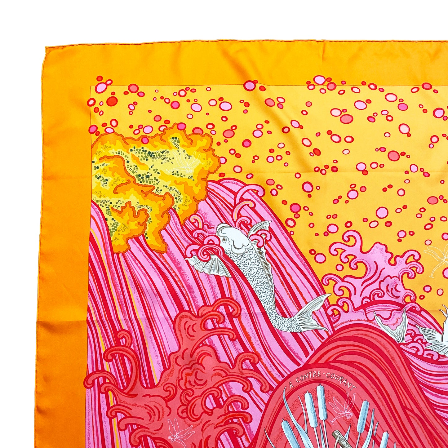 Hermès Isabelle Barthel Design 2005 “Contre-Courant” Koi Fish 100% Silk Scarf Orange 90 cm