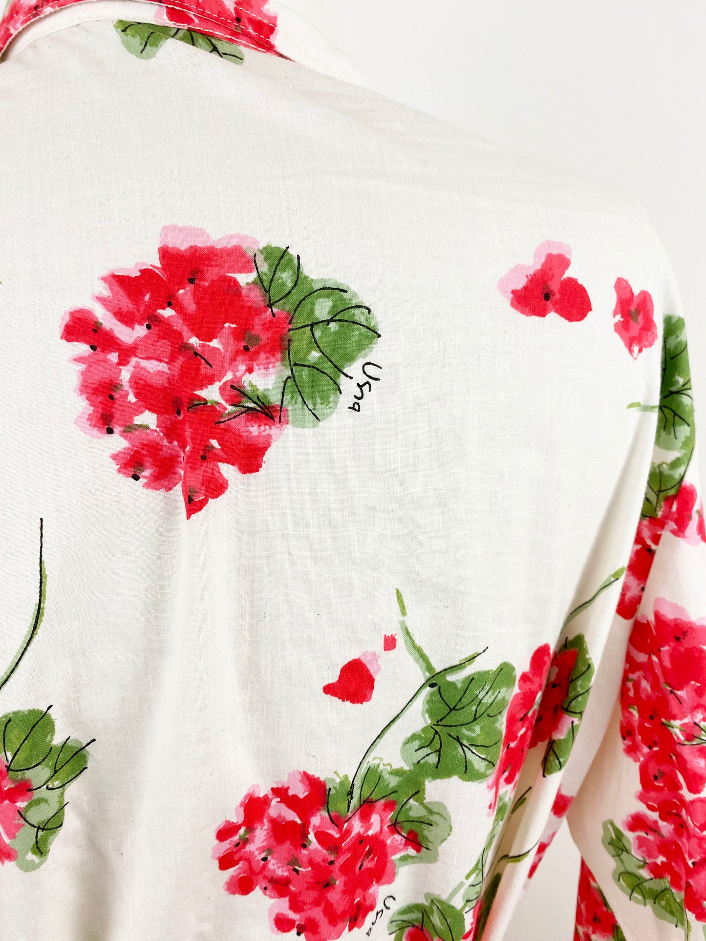 1970s Vera Neumann Red Geranium Floral 2 Piece Set Cotton Blouse and A-line Wrap Skirt / Large