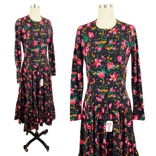 1970s Betsey Johnson Alley Cat Black and Pink Cotton Floral Circle Skirt Long Sleeve Prairie Dress Cottagecore Midi Dress / Small 4/6