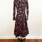 1970s Betsey Johnson Alley Cat Black and Pink Cotton Floral Circle Skirt Long Sleeve Prairie Dress Cottagecore Midi Dress / Small 4/6