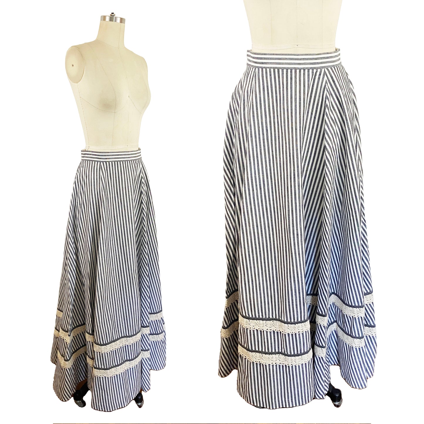 1970s Girasol by Gonzalo Bauer Gray Striped and Natural Cotton Lace Full Maxi Skirt Prairie Skirt Mexican Designer / Medium
