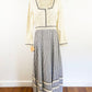 1970s Girasol by Gonzalo Bauer Gray Striped and Natural Cotton Lace and Embroidered Long Sleeve Maxi Prairie Dress Mexican Wedding Dress / Large