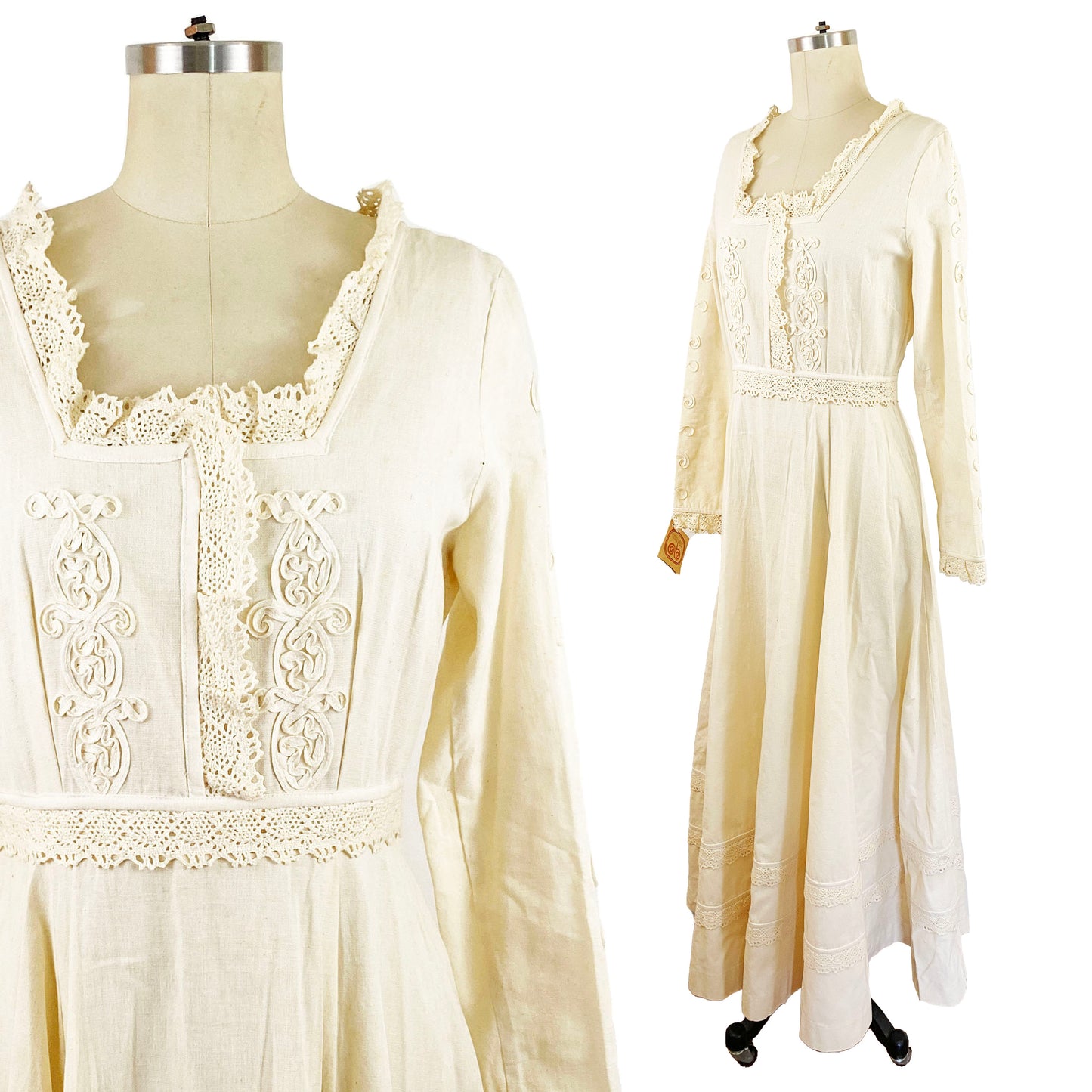 1970s Girasol by Gonzalo Bauer Natural Cotton Cream Lace and Embroidered Long Sleeve Maxi Prairie Dress Mexican Wedding Dress / Medium 10