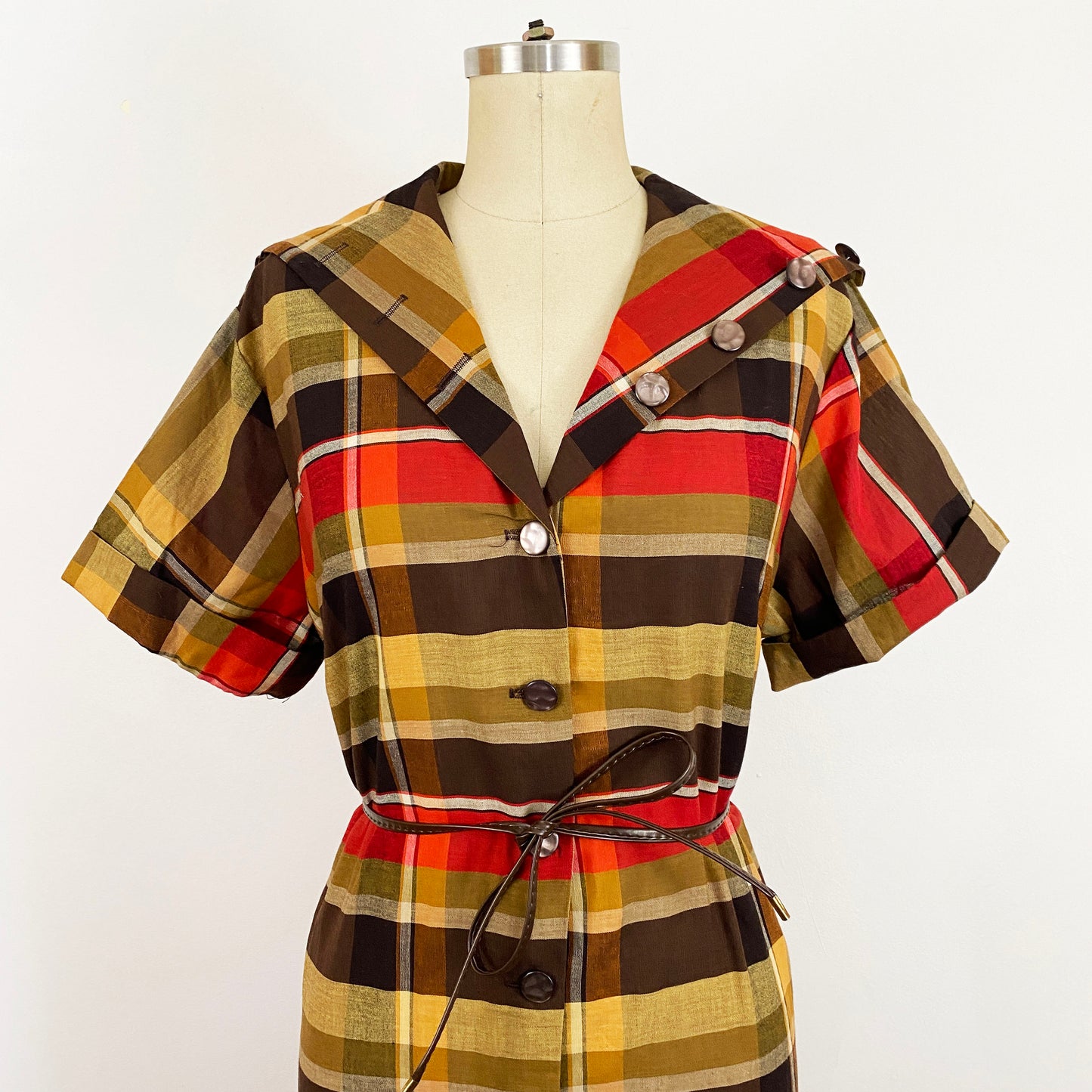 1950-1960s Autumn Plaid Cotton A-line Short Sleeve Shift Dress Button Collar Earth Tone Shirt Dress / Vintage Plus Size 0X 14/16