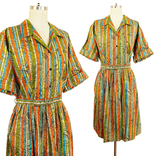 1950s Cornucopia and Striped Cotton Autumn Fit and Flare Shirtwaist Dress Orange Green Blue White Day Dress / Vintage Plus Size 1X 16