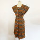 1950s Top Mode Frocks Batik Fleur De Lis Cotton A-line Shirt Dress Brown Orange Day Dress / Vintage Plus Size 0X 14/16