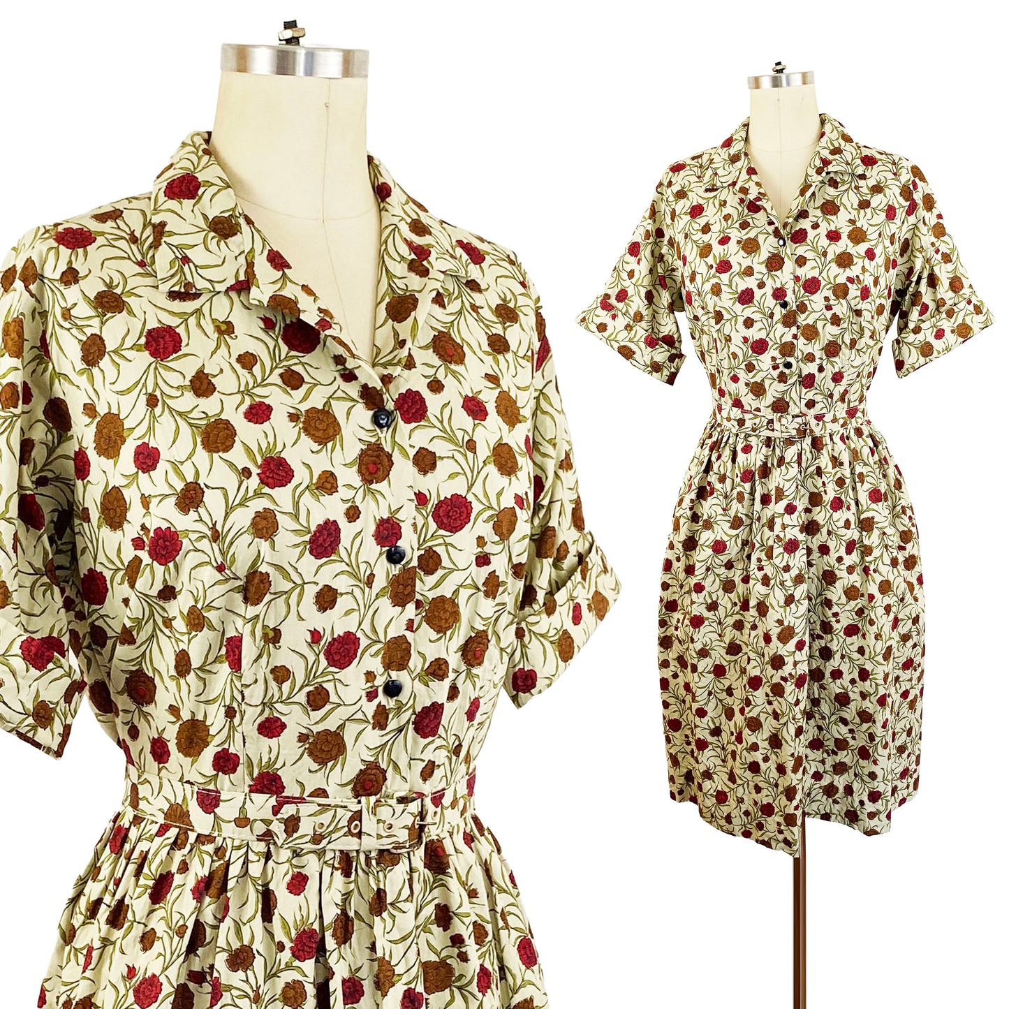 1950s Cotton Autumn Floral Carnation Light Green and Red Fit and Flare Shirtwaist Dress Day Dress / Vintage Plus Size XL 12