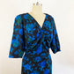 1950s Black and Blue Rose Floral Wool A-line Dress Cocktail Dress Retro Party Dress / Vintage Plus Size 0X 14/16