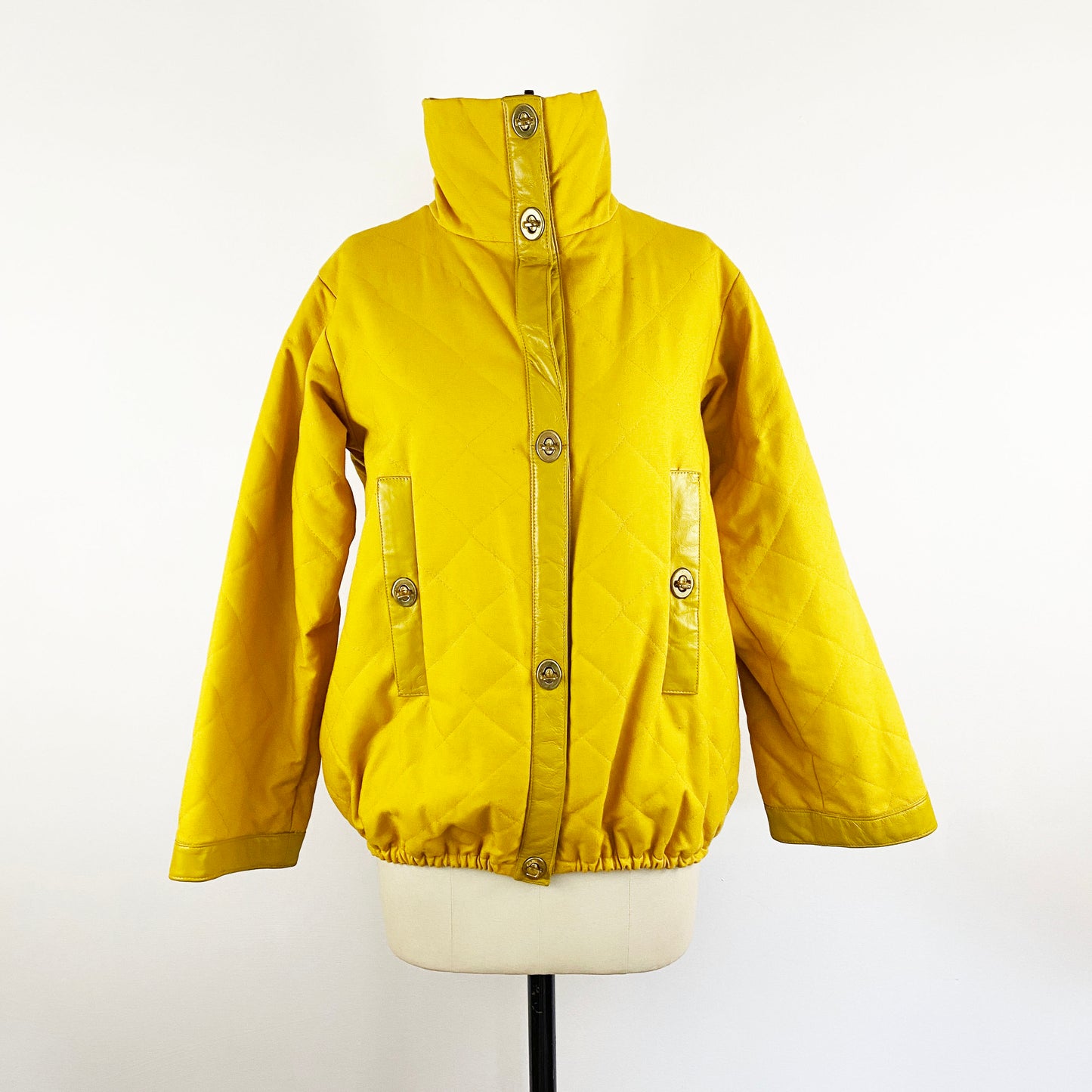 1960s Bonnie Cashin Sills Mustard Yellow Canvas Quilted Leather Bomber Jacket Turn Lock Minimalist Designer Mod Rare / Small Medium Large
