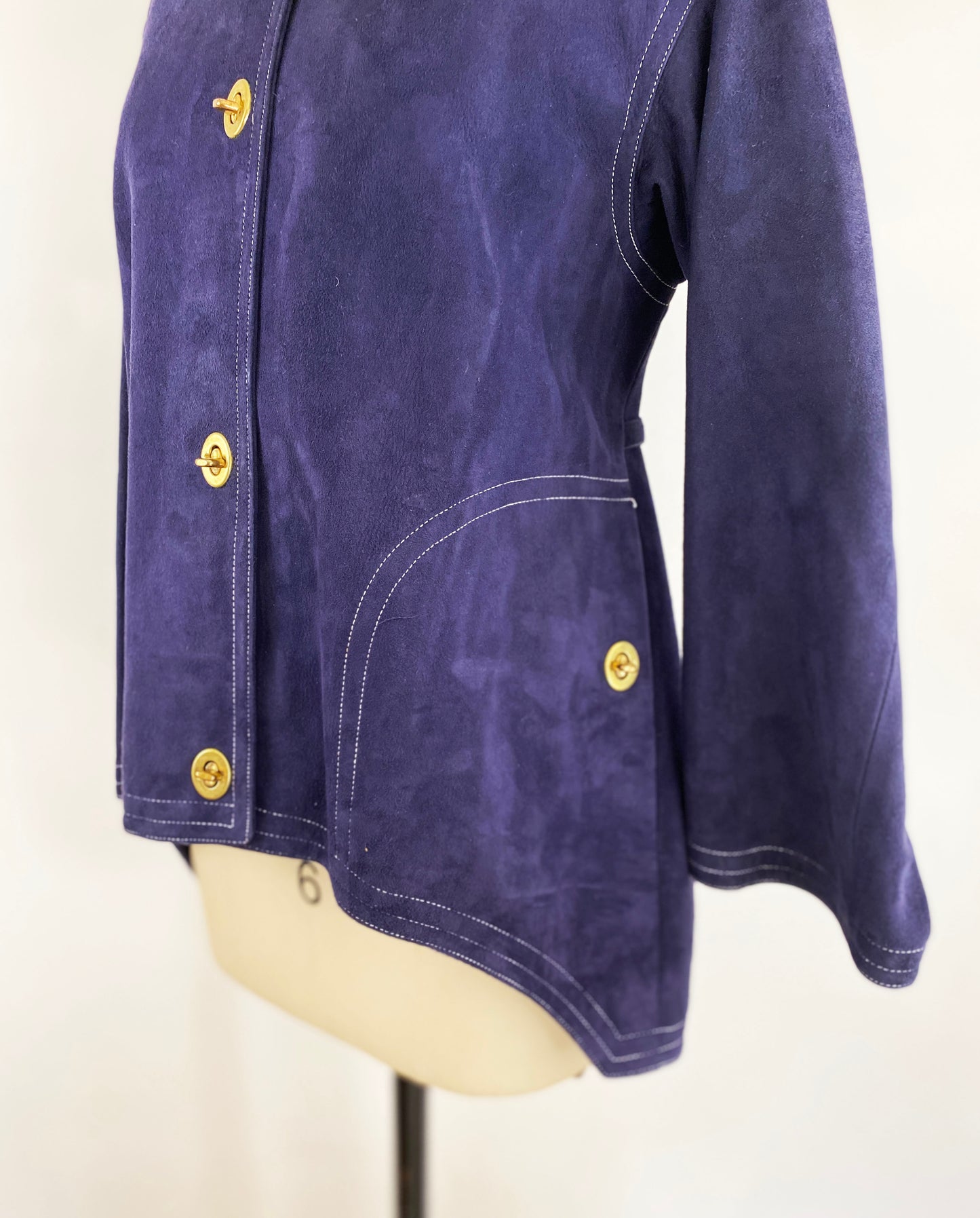 1960s Bonnie Cashin Sills Navy Suede Leather Asymmetrical Jacket Turn Lock / Size Medium