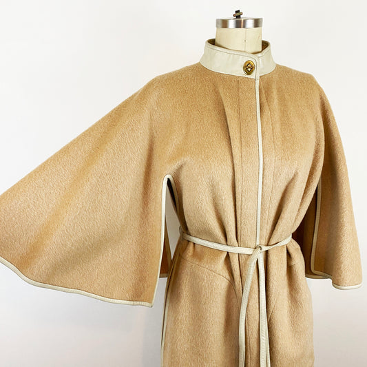 1960s Bonnie Cashin Sills Mohair Wool Leather Wrap Coat Cape Sleeve Mod Nehru Collar Turn Lock Minimalist Tan Camel White / Small Medium 6/8