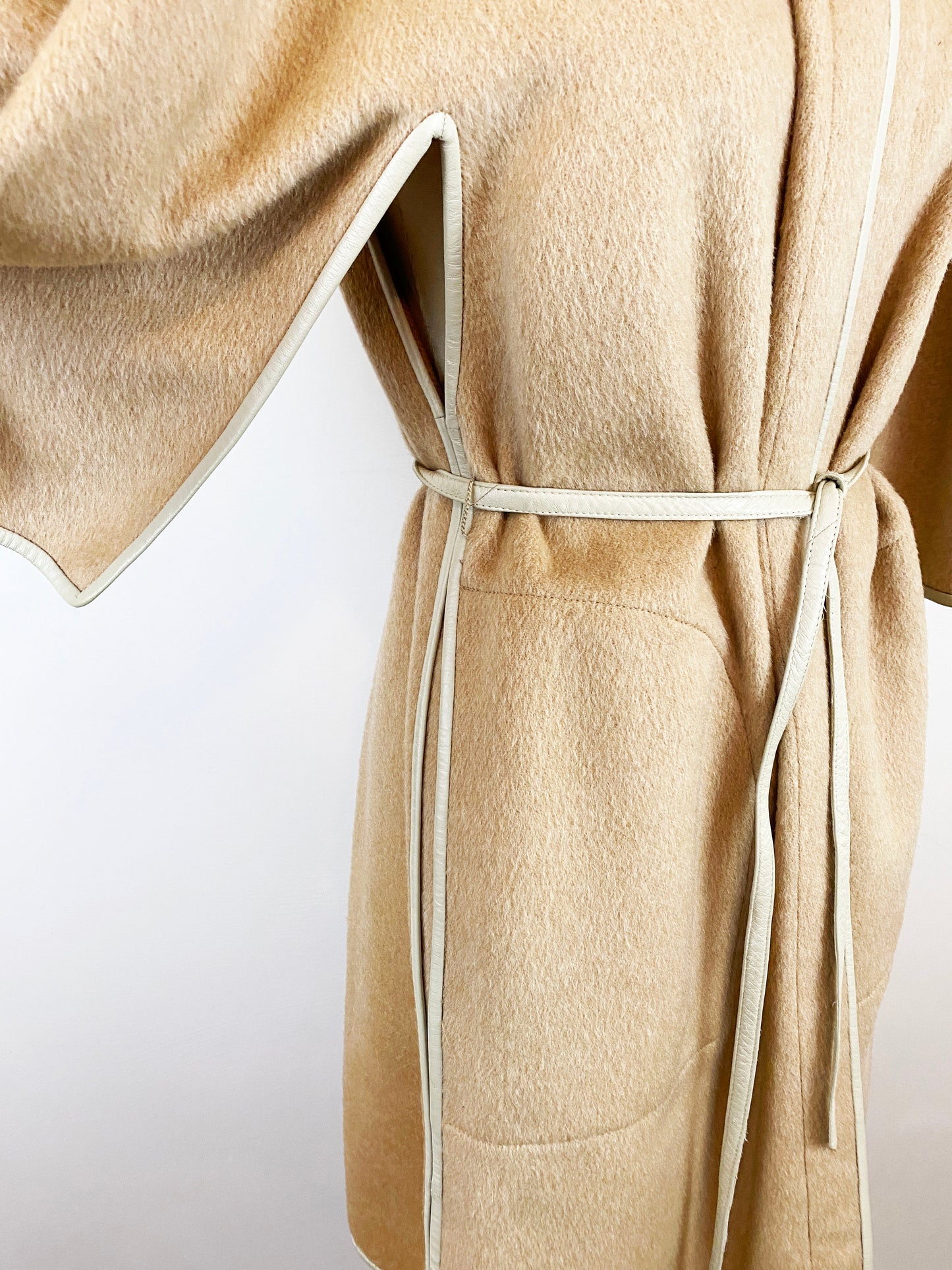 1960s Bonnie Cashin Sills Mohair Wool Leather Wrap Coat Cape Sleeve Mod Nehru Collar Turn Lock Minimalist Tan Camel White / Small Medium 6/8