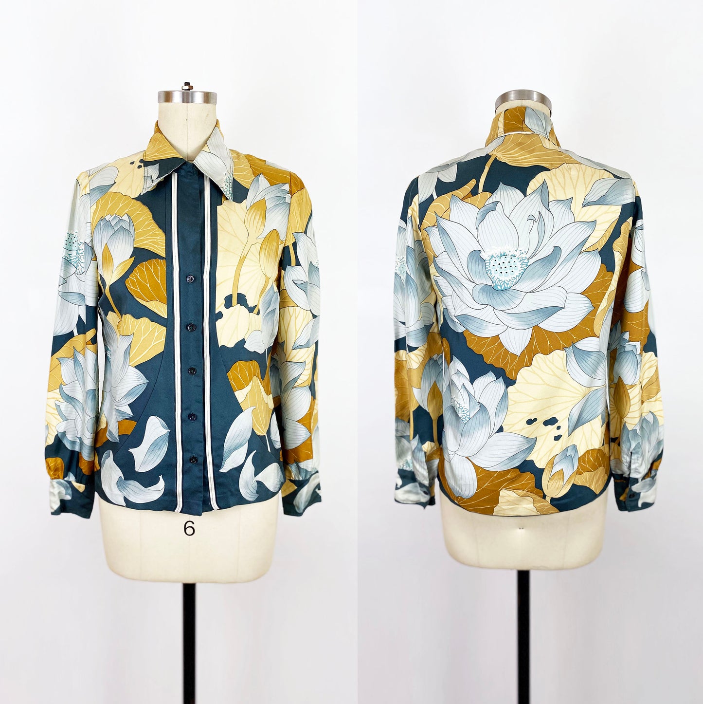 1970s Hermes Silk Blouse Fleurs de Lotus Floral Vintage Scarf Shirt 1976 Christiane Vauzelles French Designer / Size Small