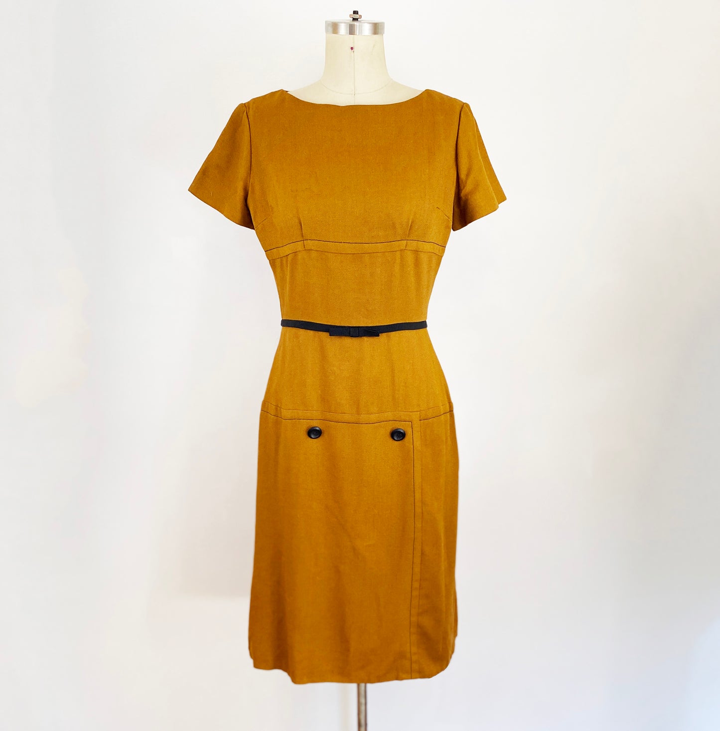 1950s German Goldenrod Wool Sheath Shelf Bust Wiggle Dress / Small