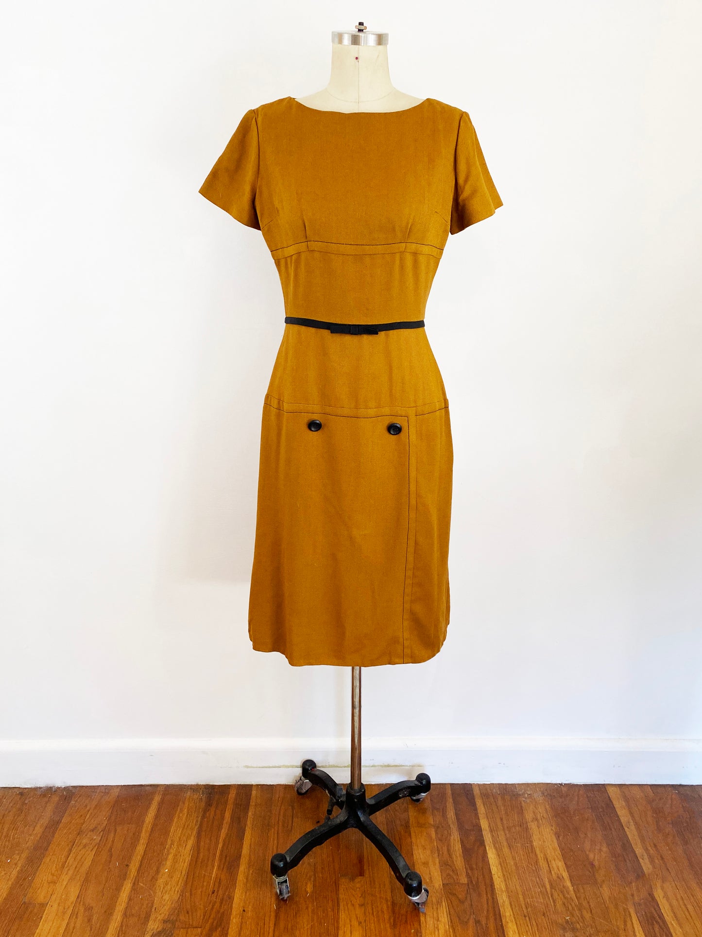 1950s German Goldenrod Wool Sheath Shelf Bust Wiggle Dress / Small