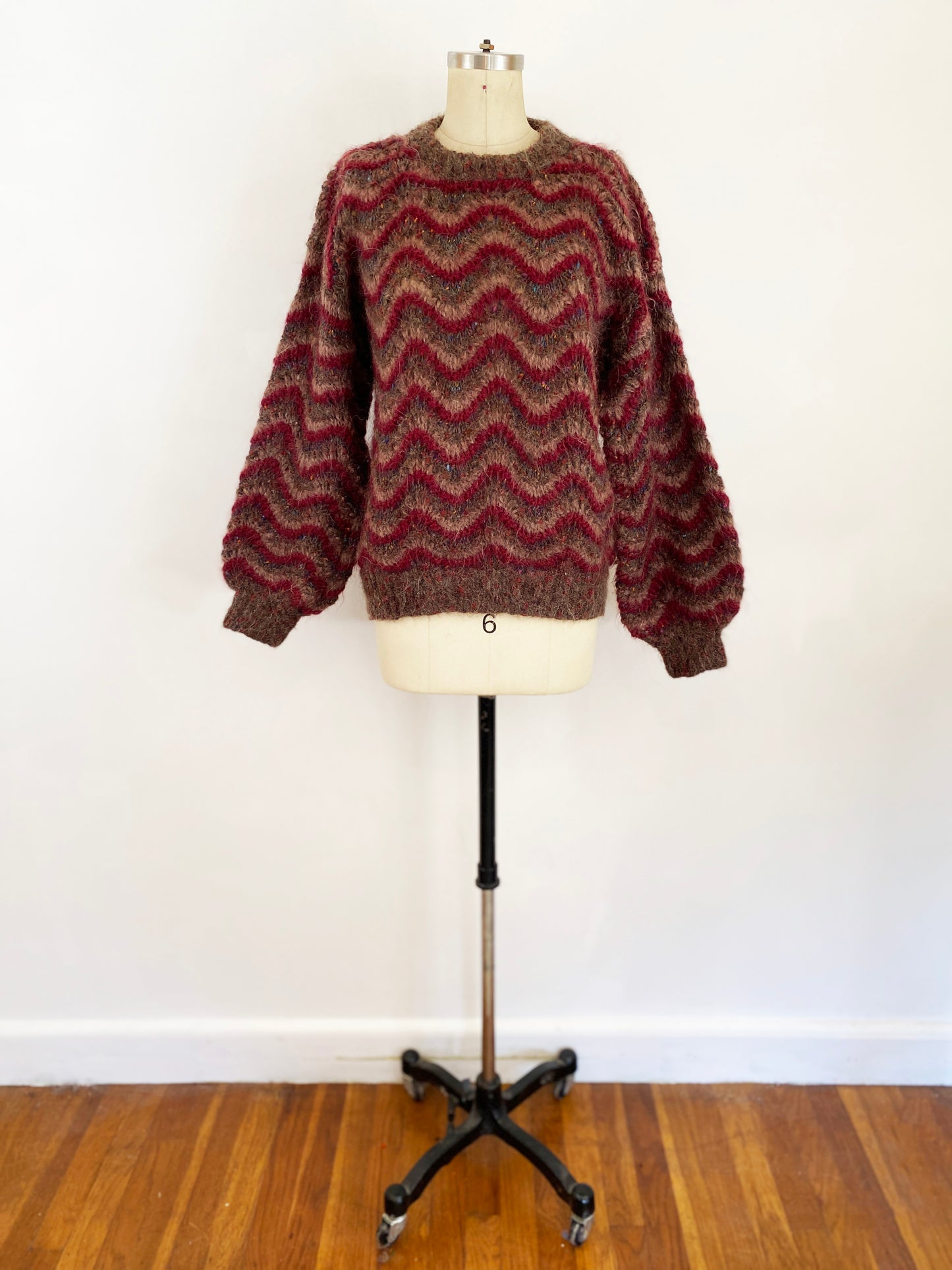 1980s Stone Circle Mohair and Wool Chevron Sweater Chunky Irish Knit Hand Knit Ireland Maroon Brown / Size Large