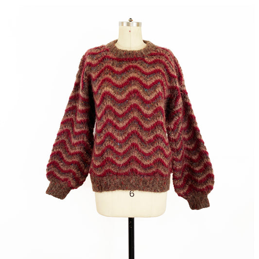 1980s Stone Circle Mohair and Wool Chevron Sweater Chunky Irish Knit Hand Knit Ireland Maroon Brown / Size Large
