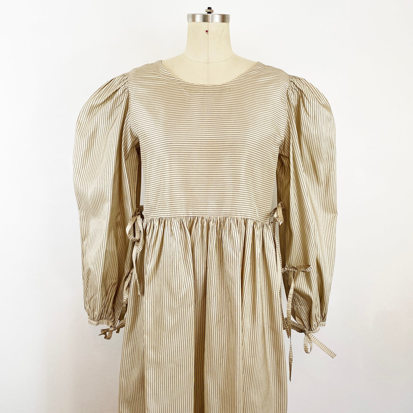 1970s Joan Vass NY Prairie Smock Dress Champagne Pinstriped Silk Prairie Kaftan Dress / Small