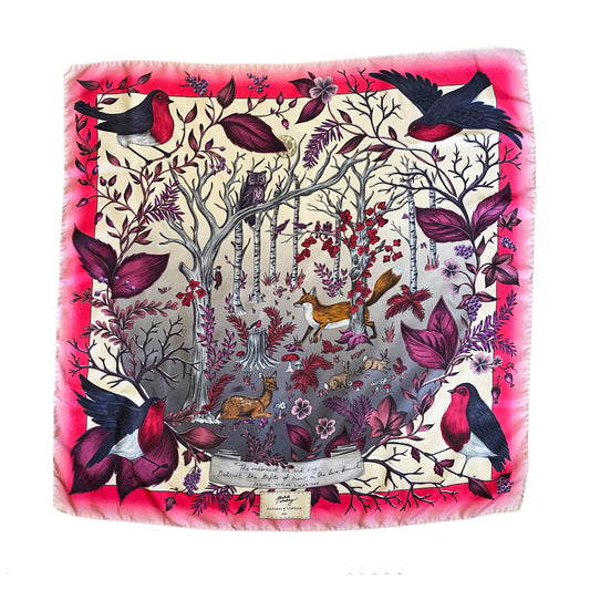 Aspinal of London 2016 Enchanted Forest Magenta Silk Twill Scarf Robin Birds and Foxes Emma Shipley 34" by 35"