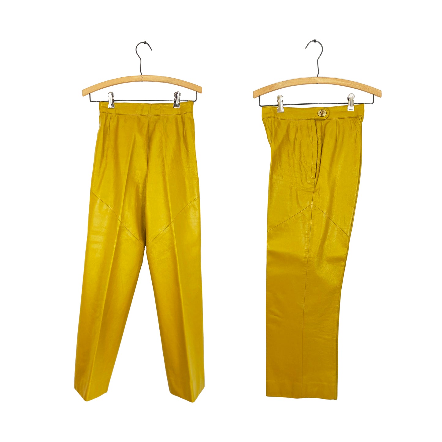 1960-1970s Bonnie Cashin Sills Mustard Yellow Leather Straight Leg Pants with Side Turn Lock Closure / Size XS/S