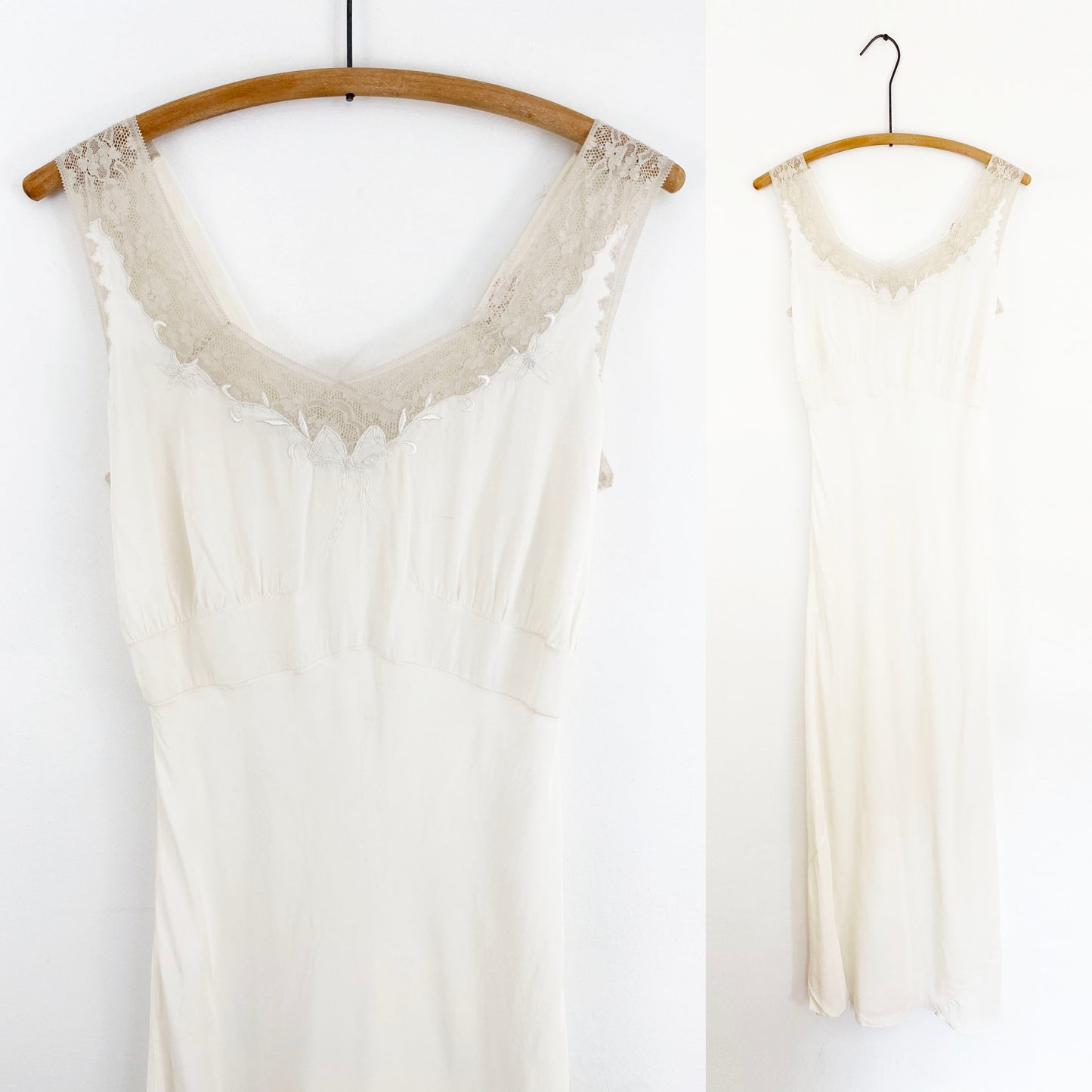 1940s Ivory White Bias Cut Silky Rayon Crepe Nightgown with Lace Trim Maxi Slip Bow Embroidery / Caramita / Small 4