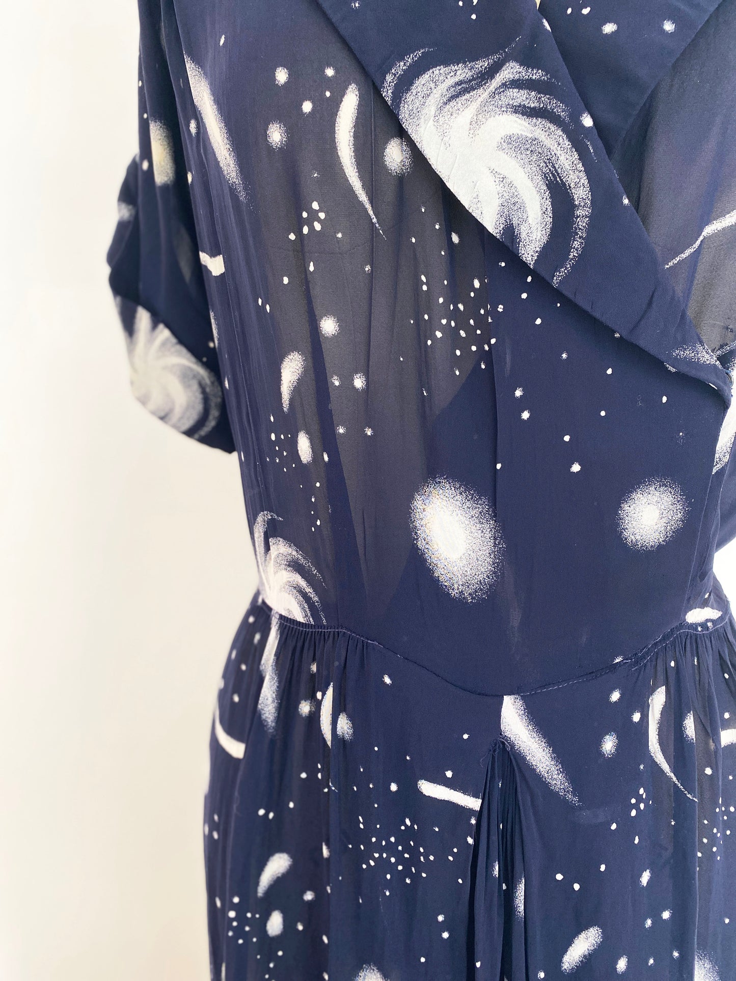 1940s Interstellar Navy Rayon Chiffon Galaxy Novelty Print A-line Day Dress Space Stars Celestial / Large