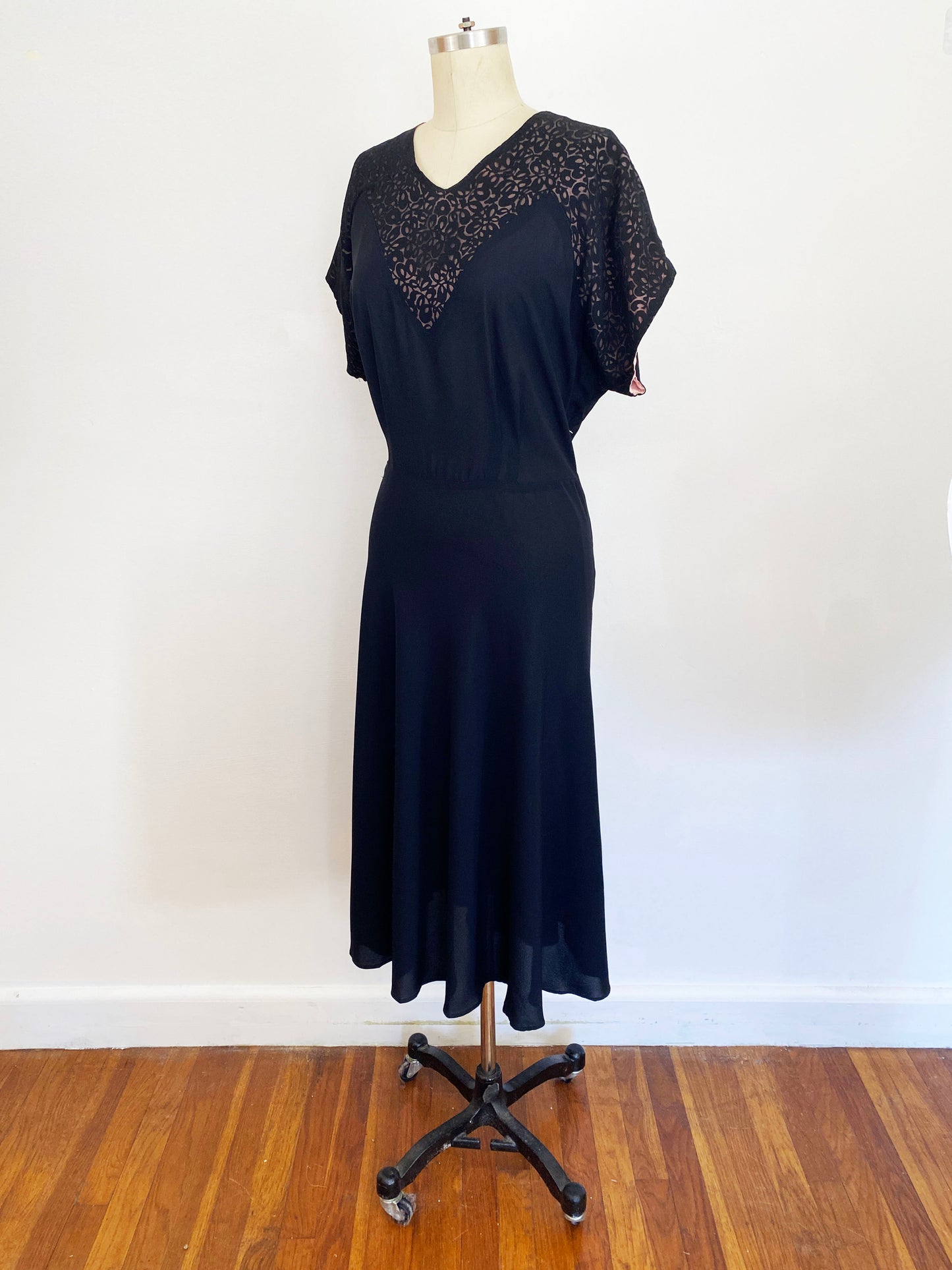 1940s Burn Out Illusion Neckline Black Rayon A-line Dress Goth Vamp Sexy Retro Gown 40s Plus Size / 1X 16/18