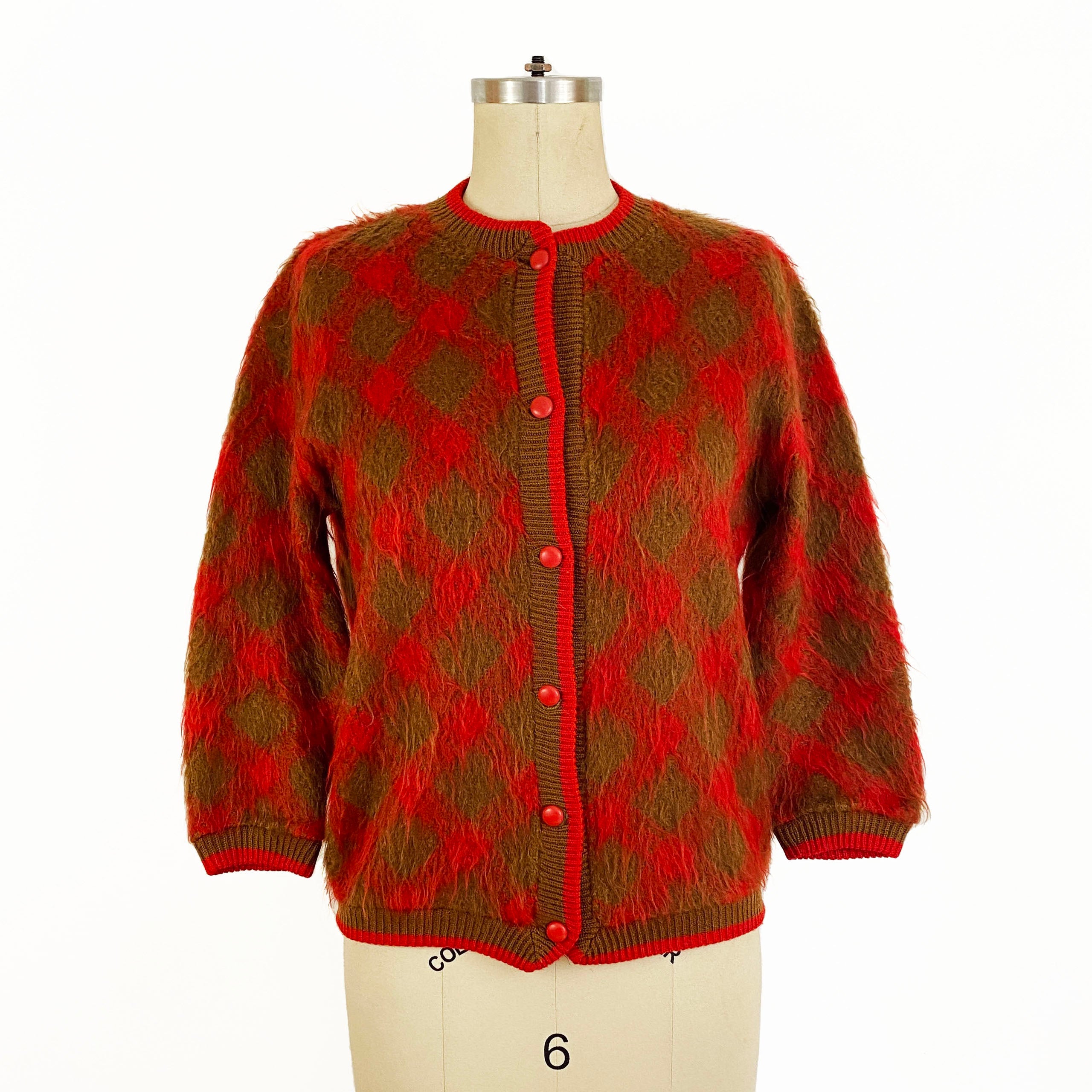 1960s Red and Olive Green Diamond Plaid Fuzzy Mohair Cardigan Mod