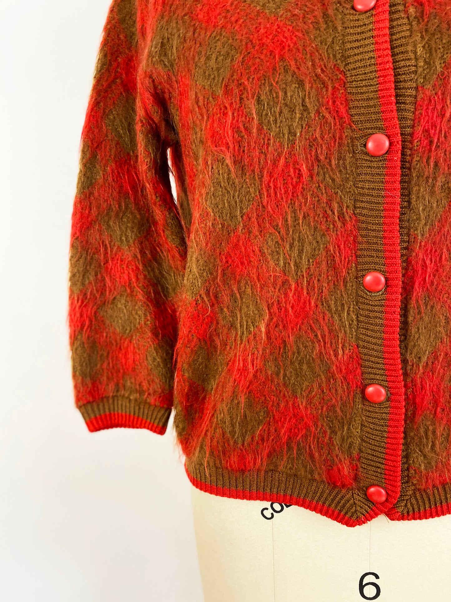 1960s Red and Olive Green Diamond Plaid Fuzzy Mohair Cardigan Mod Sweater / American Bazaar / Small