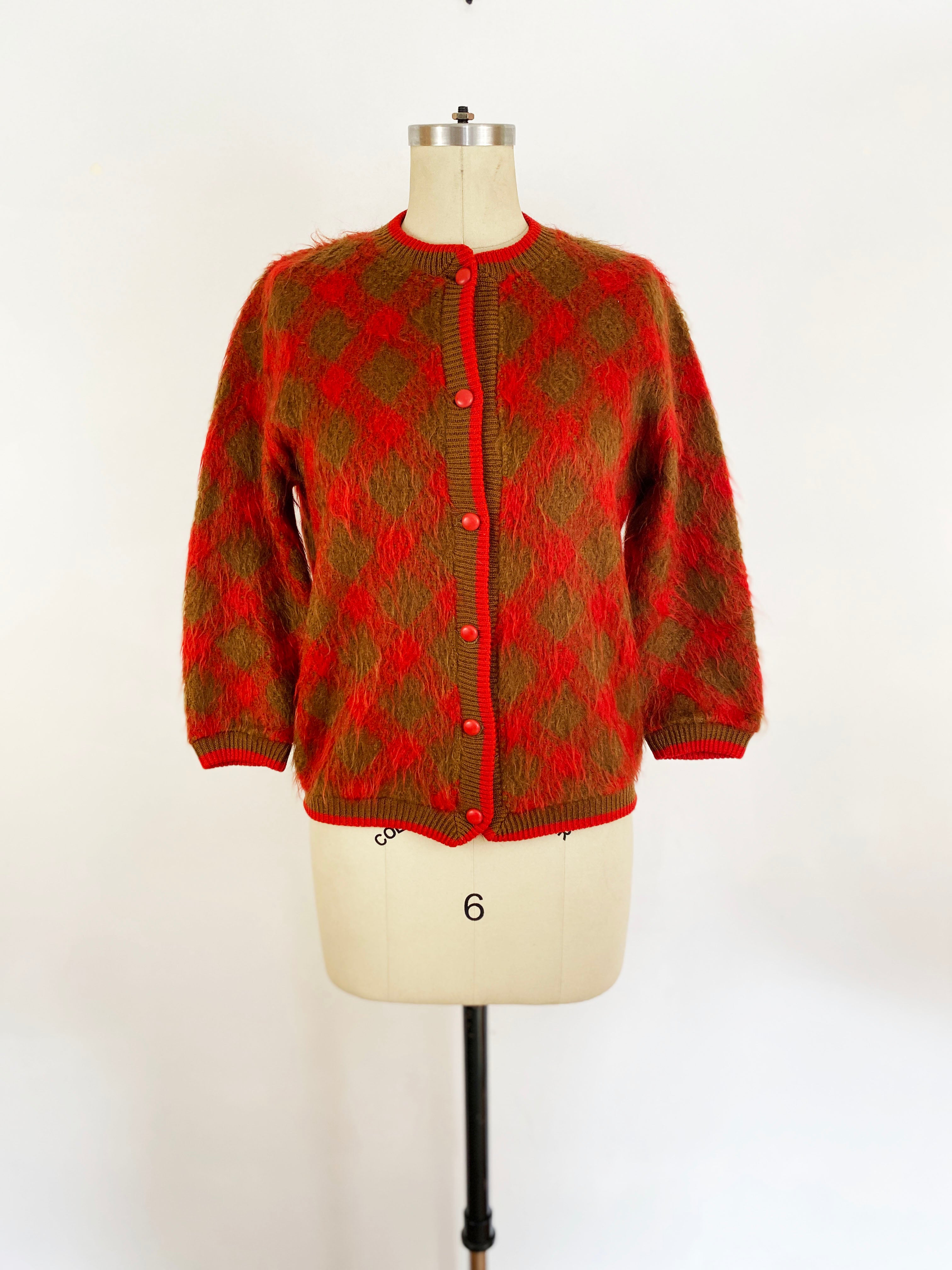 1960s Red and Olive Green Diamond Plaid Fuzzy Mohair Cardigan Mod