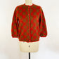 1960s Red and Olive Green Diamond Plaid Fuzzy Mohair Cardigan Mod Sweater / American Bazaar / Small
