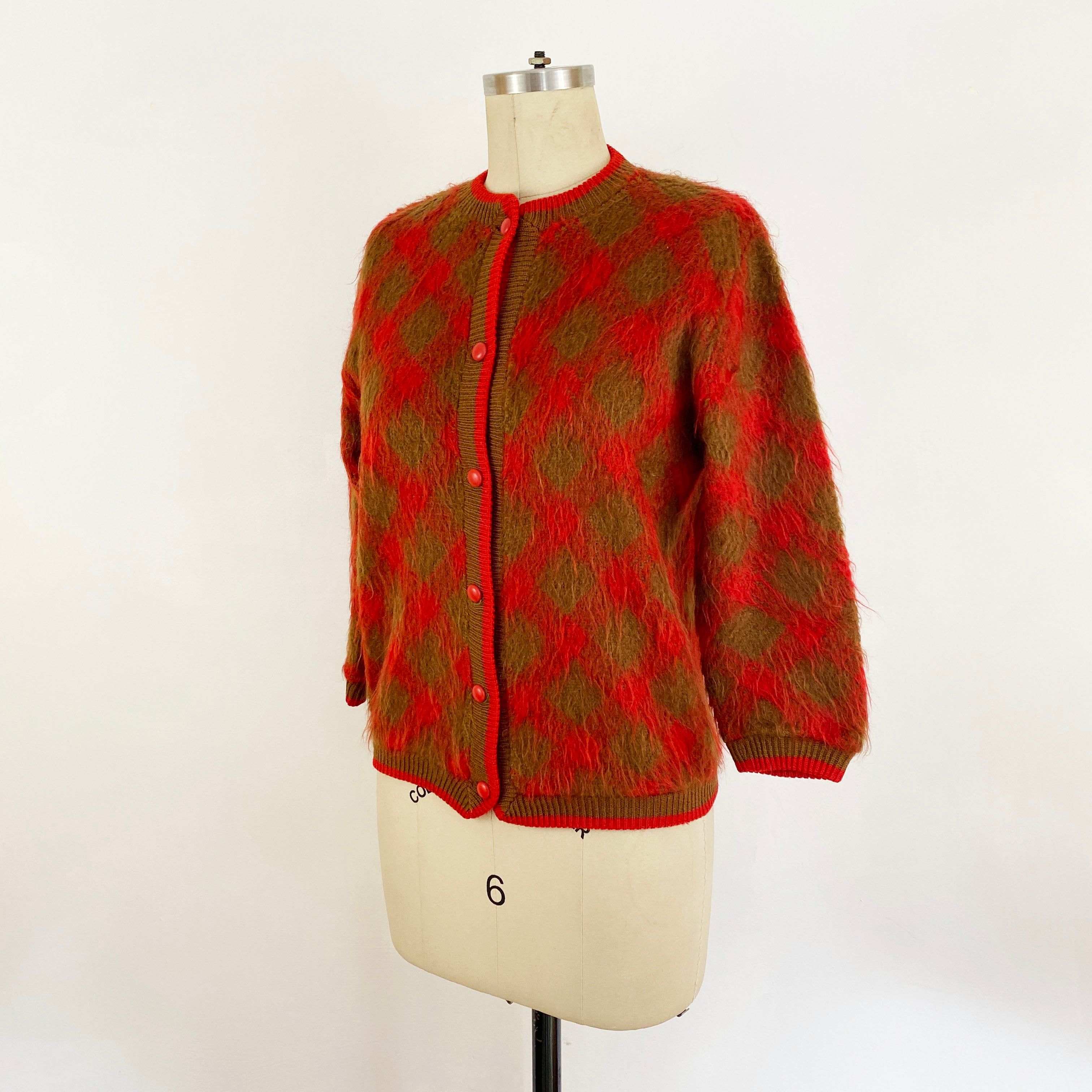 1960s Red and Olive Green Diamond Plaid Fuzzy Mohair Cardigan Mod