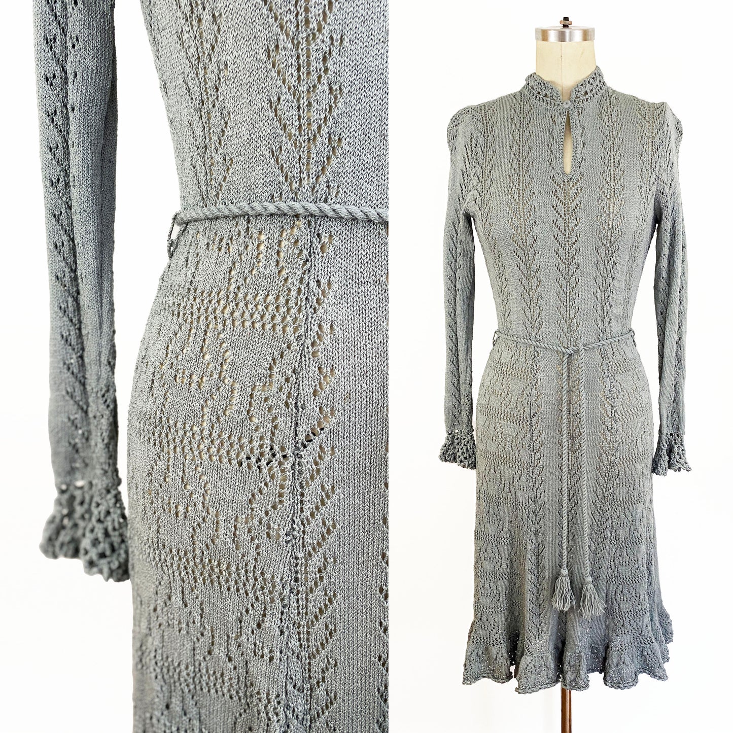 1970s Crotchet Knit Blue Gray Long Sleeve Midi Dress Goddess Boho Romantic Lace Disco Hippie Woven Hourglass Sexy / Miss JoAnn / Medium