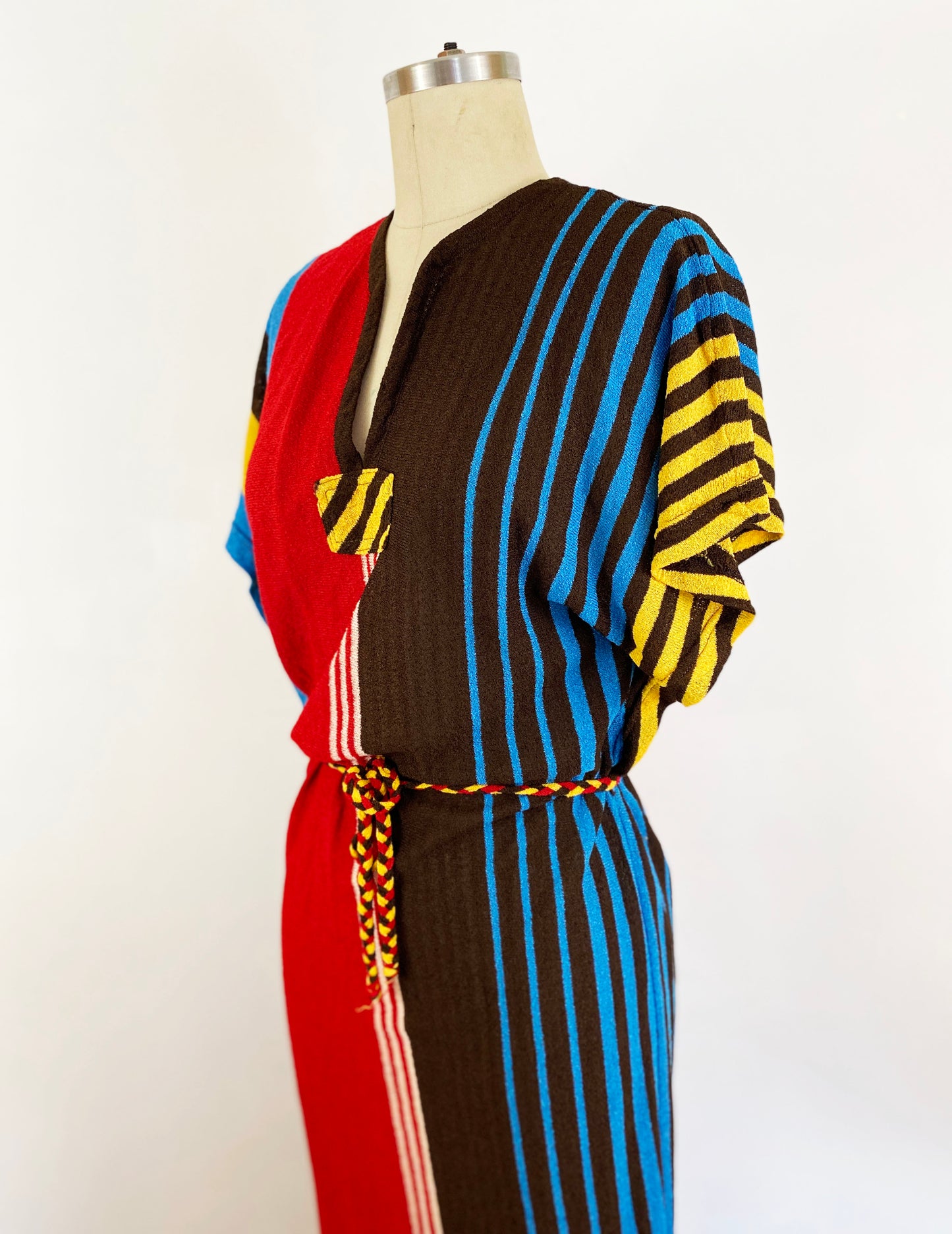 1970s Bold Vertical Stripe Rayon Knit Kaftan Maxi Dress Butterfly Sleeve Boho Beach Cover Up Brown Yellow Blue Red / La Squadra / Small