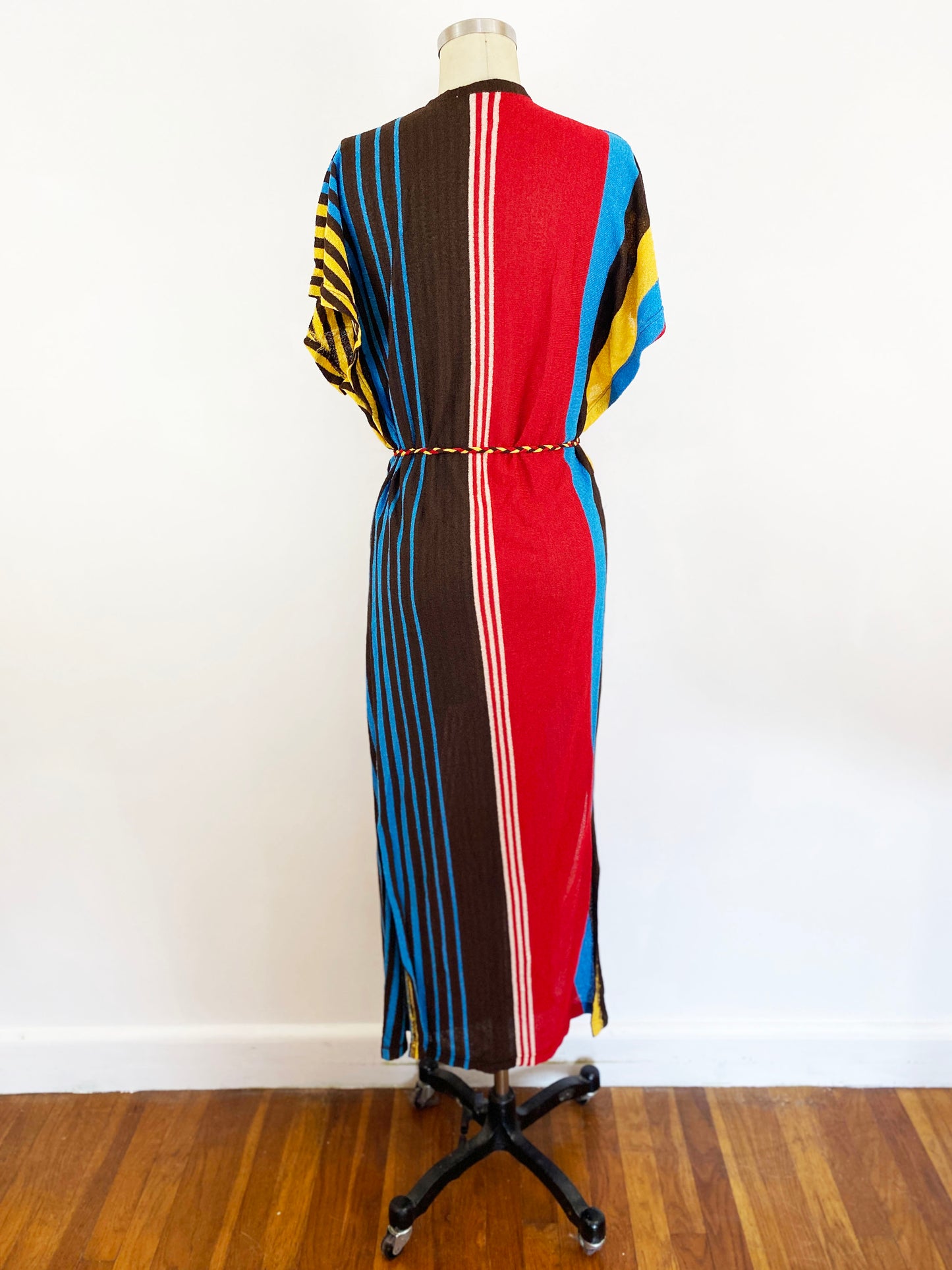 1970s Bold Vertical Stripe Rayon Knit Kaftan Maxi Dress Butterfly Sleeve Boho Beach Cover Up Brown Yellow Blue Red / La Squadra / Small