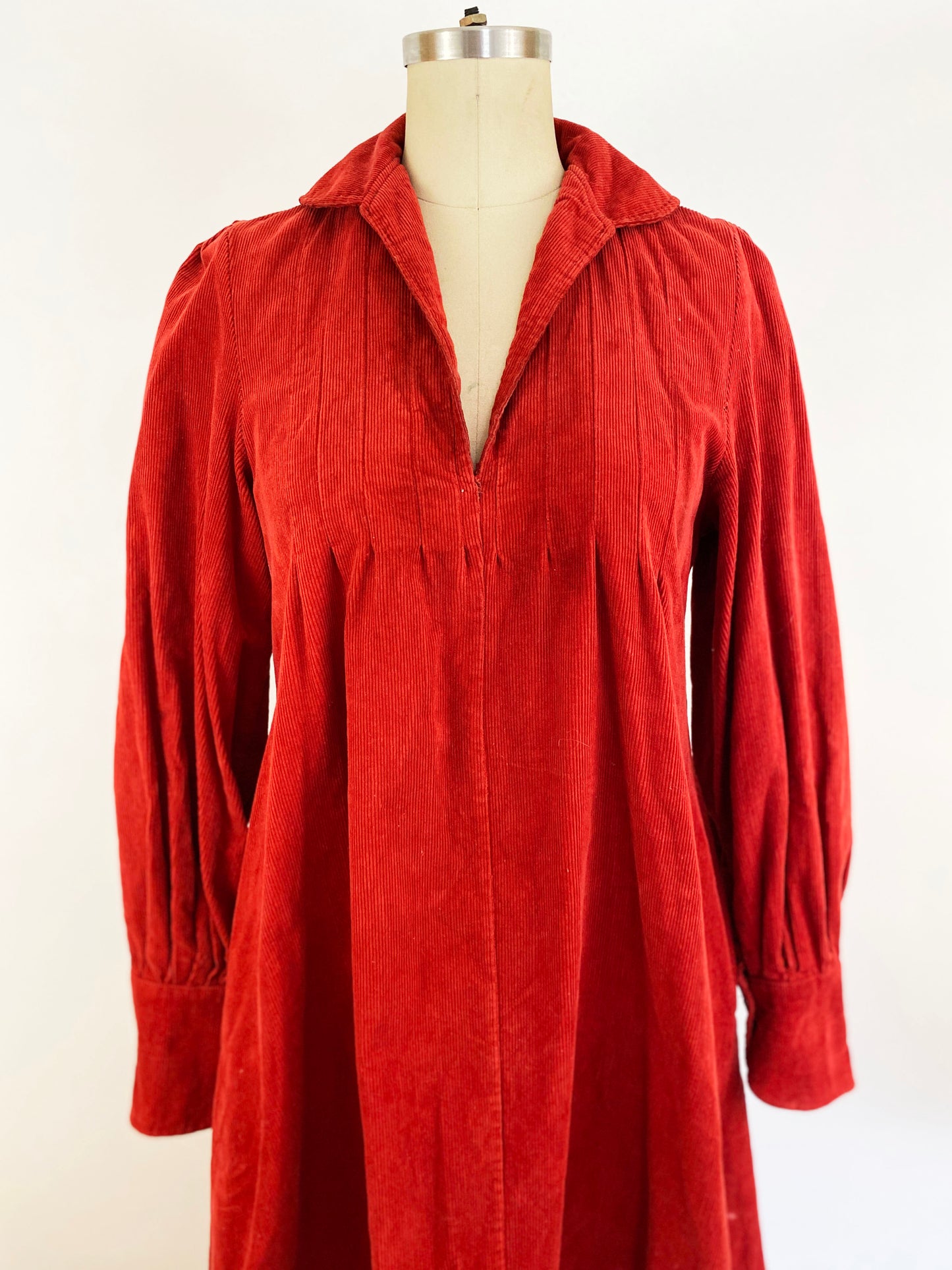 1970s Laura Ashley Burnt Red Corduroy Pleat Front Long Sleeve A-line Smock Dress / Small
