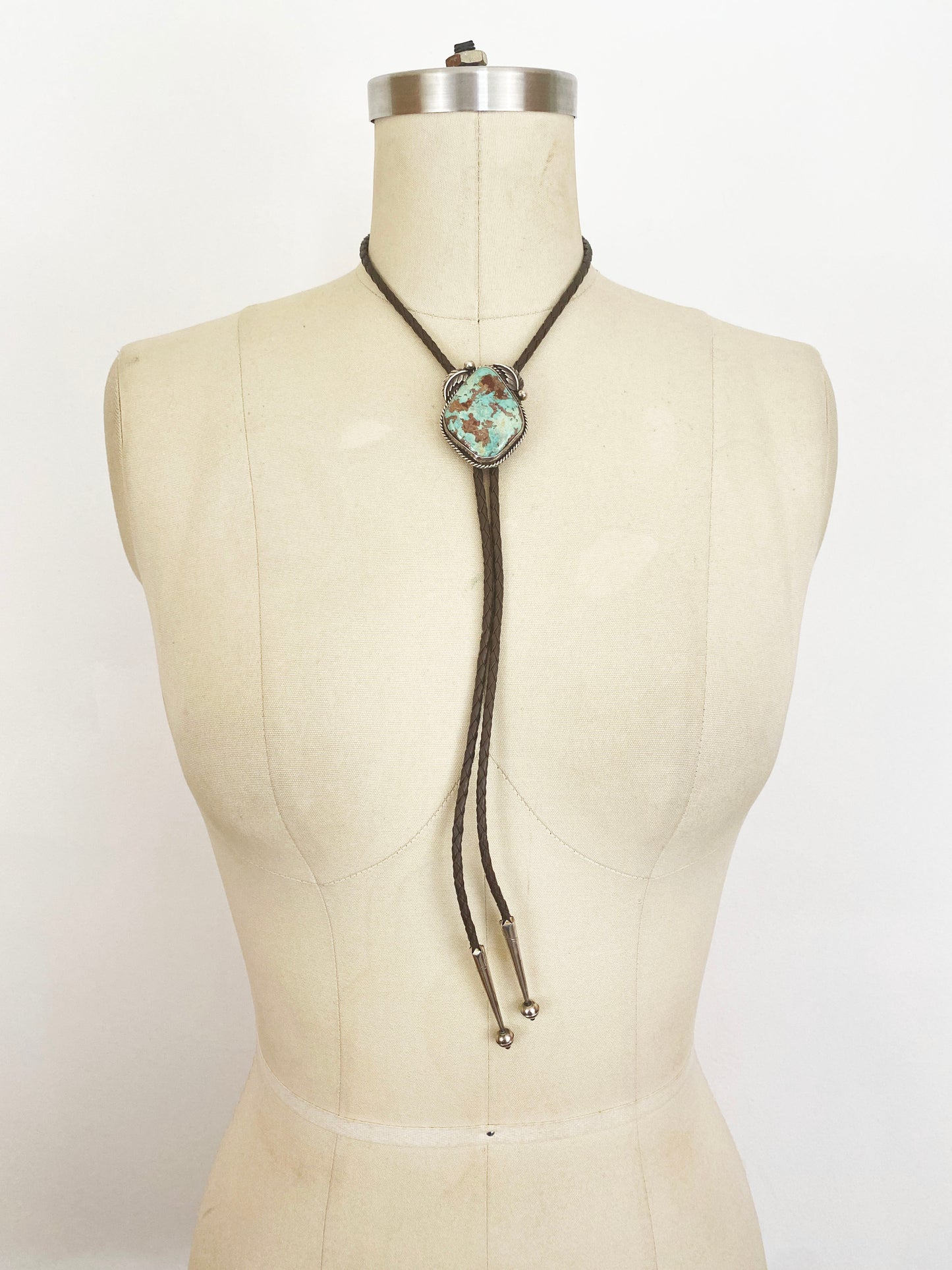 Vintage Native American Apache Jewelry Large Sterling Silver and Turquoise Bolo Tie Southwest Signed Artist Darrell Victor