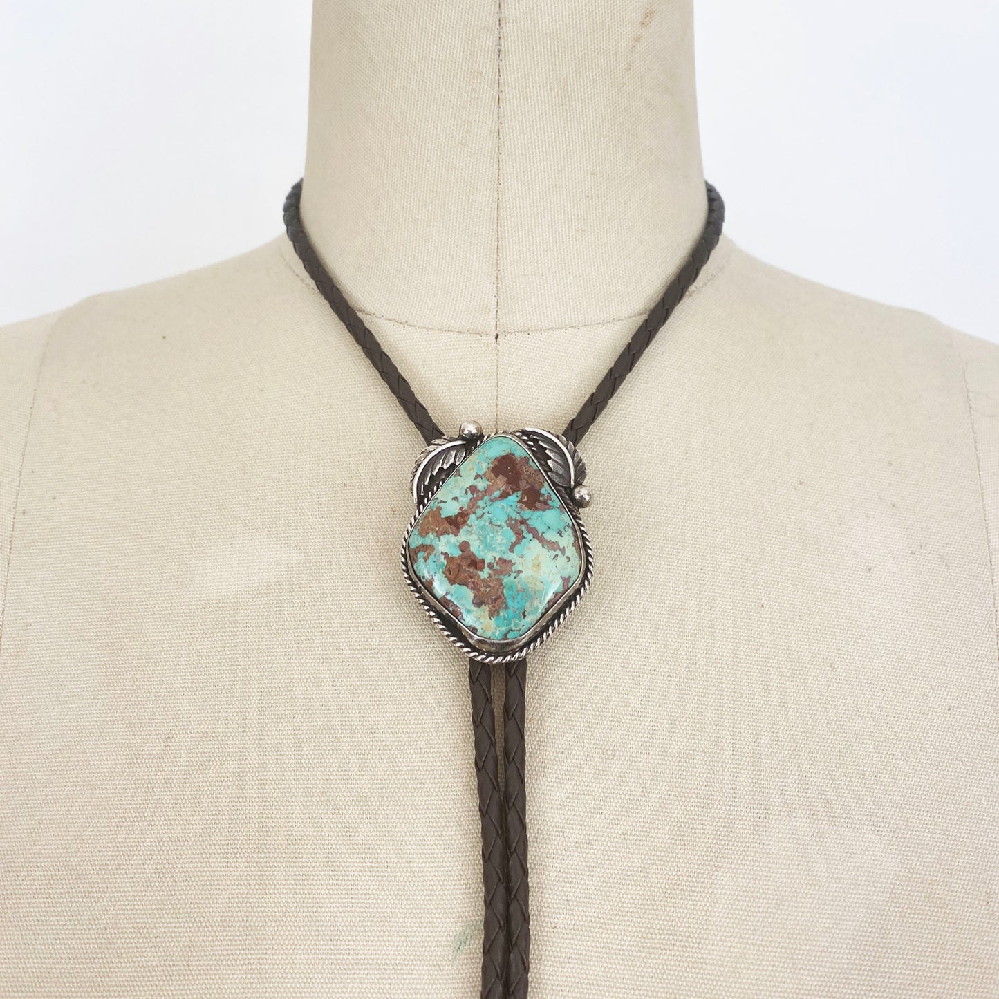 Vintage Native American Apache Jewelry Large Sterling Silver and Turquoise Bolo Tie Southwest Signed Artist Darrell Victor