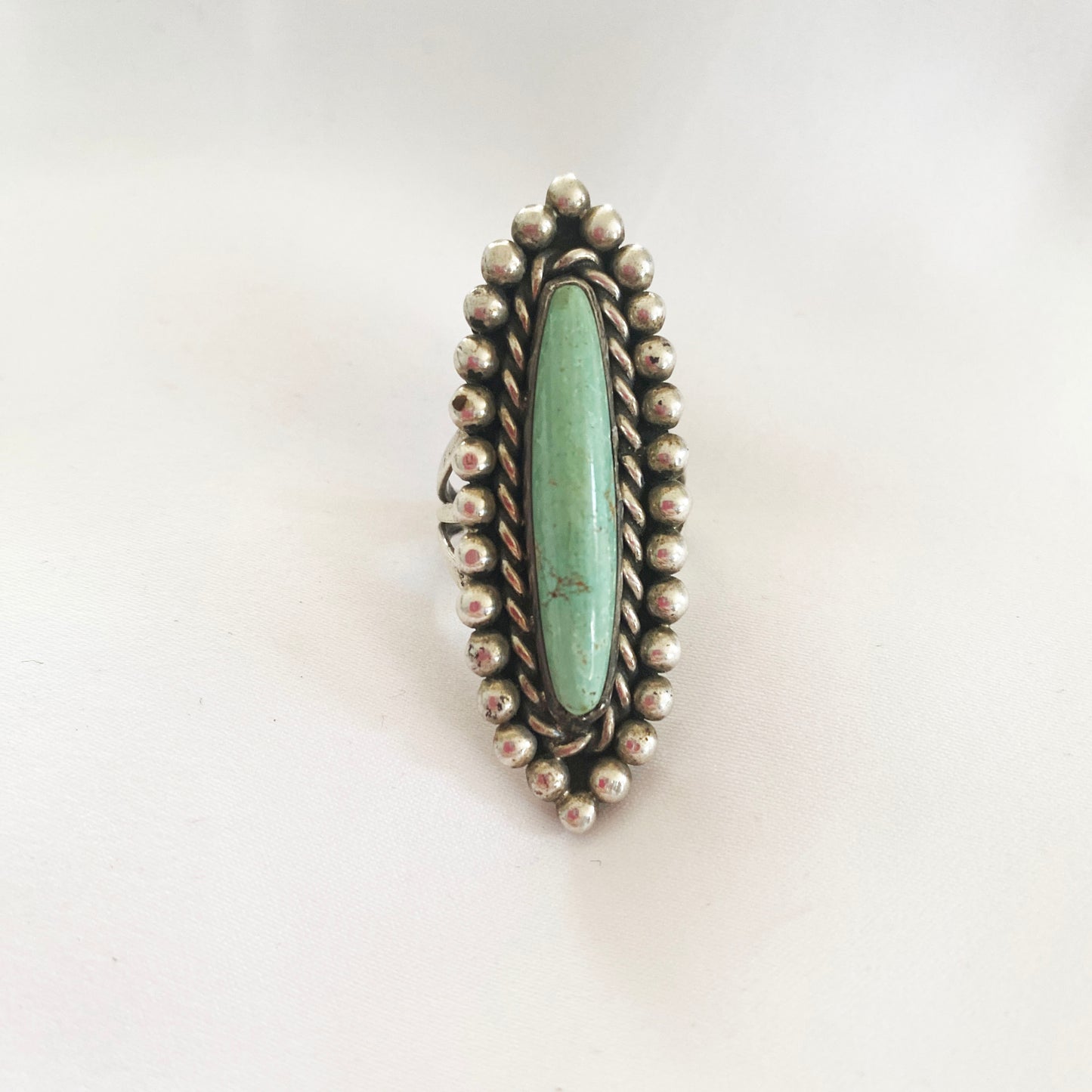 1970s Rayna Platero Secatero Navajo Pale Green Turquoise and Sterling Silver Tall Statement Ring 70s Native American Boho Ring Size 7