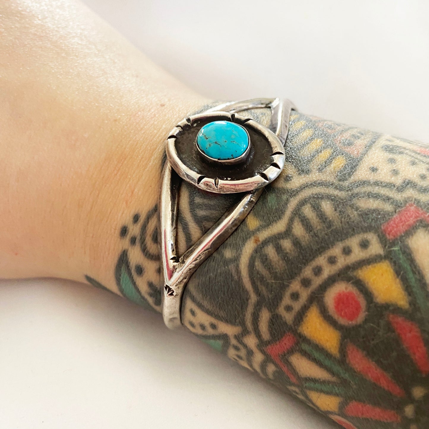 Vintage Navajo Tufa Cast Sterling Silver and Turquoise Cuff Native American Eye Bracelet Southwestern Boho Jewelry