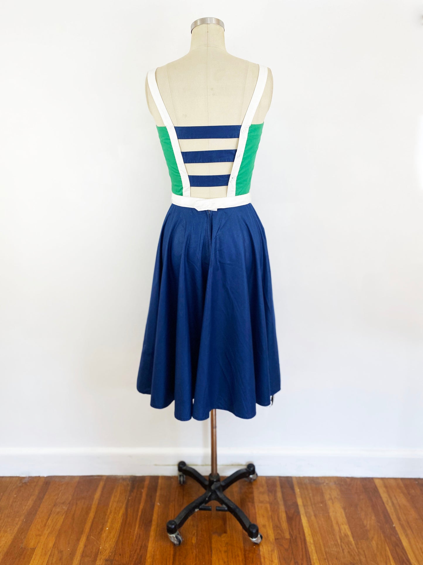 1980s Howard Wolf Open Back A-line Sundress Full Skirt Navy Green White / Small 4