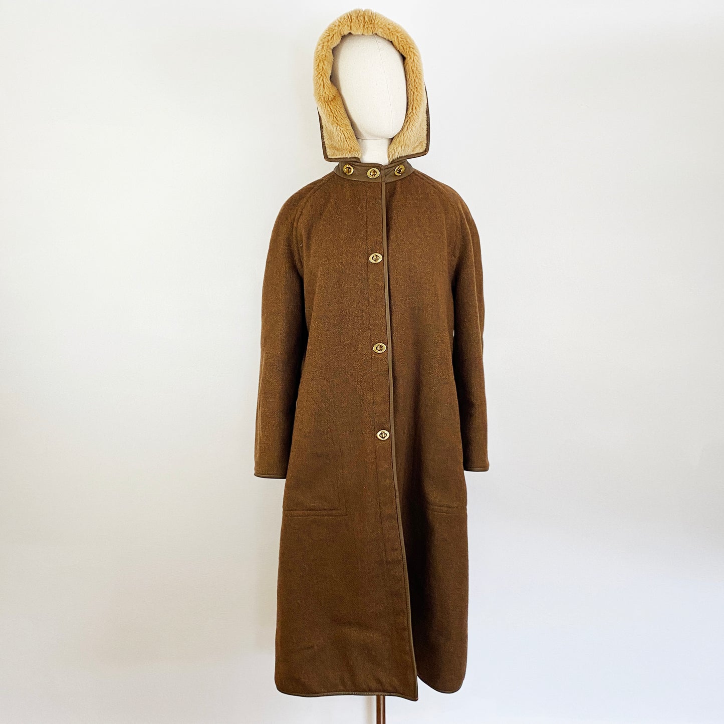 1960s Bonnie Cashin Brown Wool Removable Hood Turn Lock Closures Collar Swing Coat Fleece Lined Coach Vintage 60s / Sills / Medium-Large