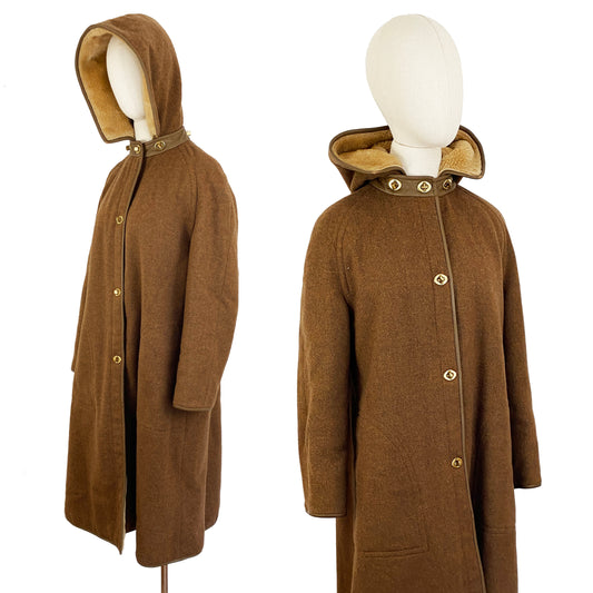 1960s Bonnie Cashin Brown Wool Removable Hood Turn Lock Closures Collar Swing Coat Fleece Lined Coach Vintage 60s / Sills / Medium-Large