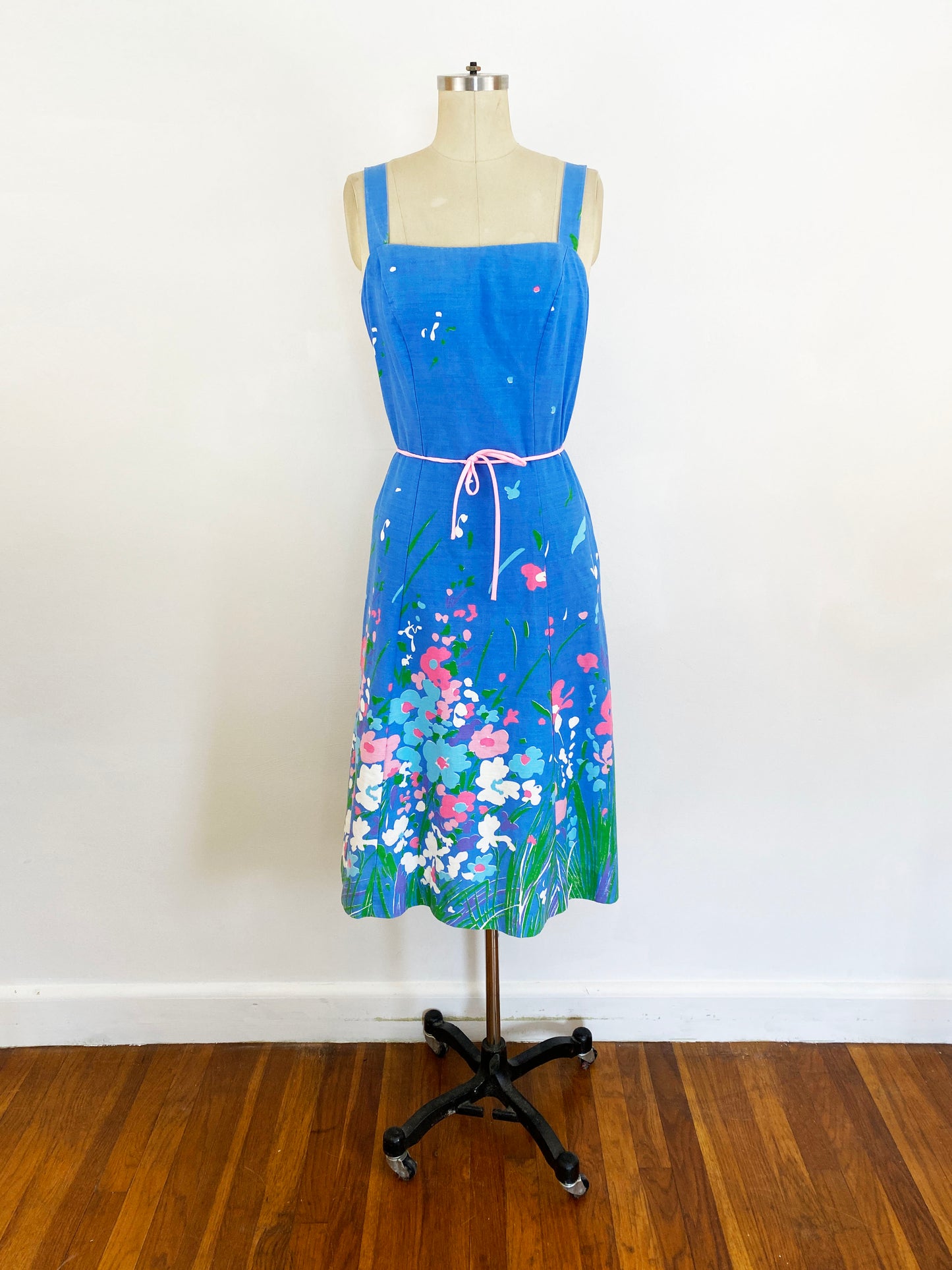 1980s Blue and Pink Floral Boarder Print A-line Sundress Vintage / Size M/L