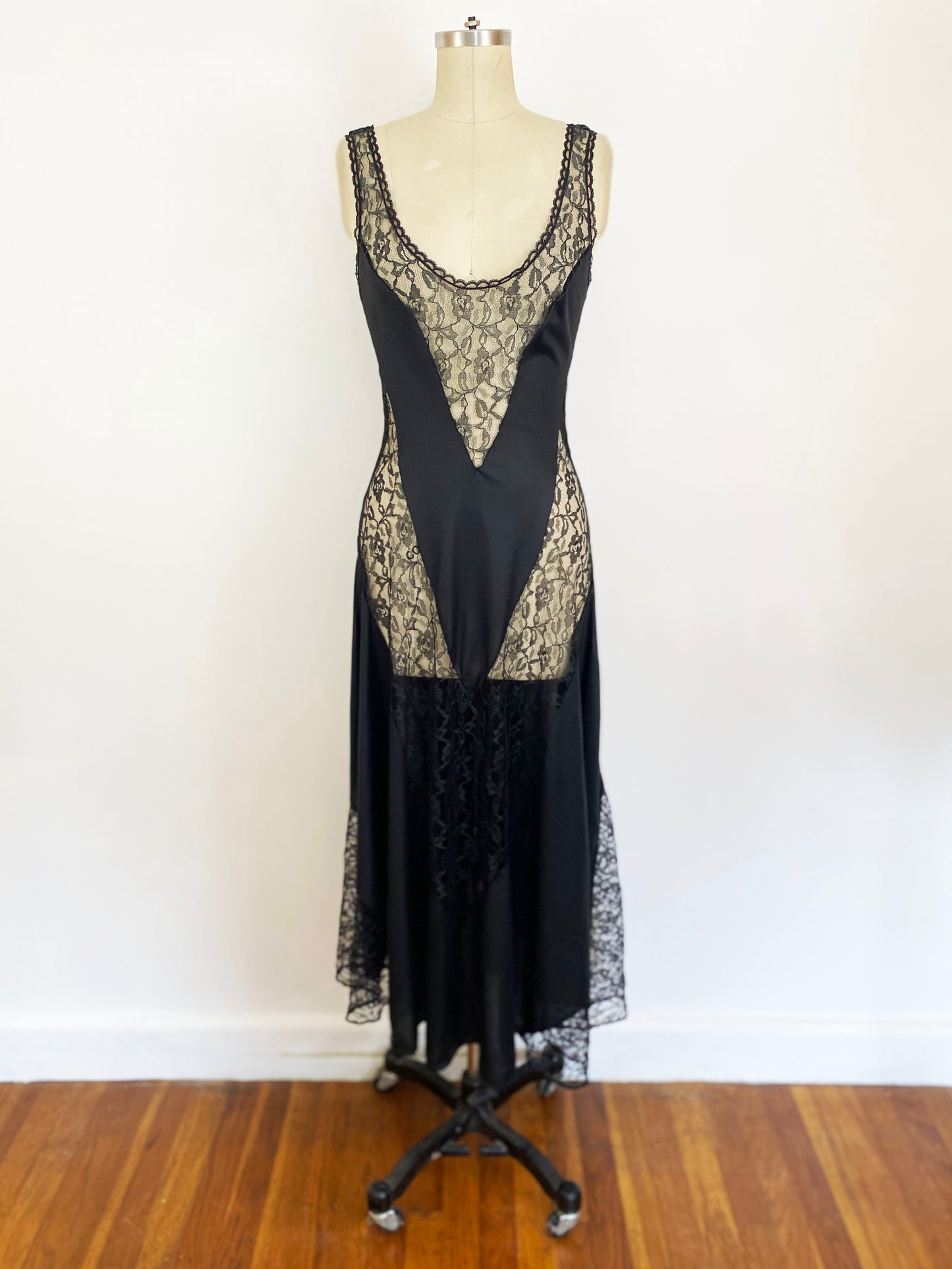 1980s Black Lace and Nylon Maxi Nightgown Slip Sexy Lingerie Romantic Goth Naught Nighty / Pelra Fashions / Small