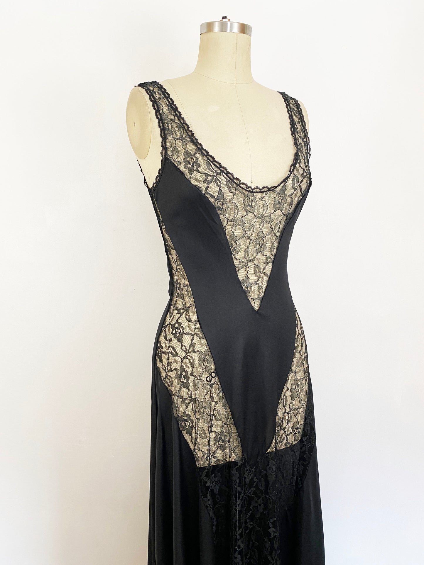 1980s Black Lace and Nylon Maxi Nightgown Slip Sexy Lingerie Romantic Goth Naught Nighty / Pelra Fashions / Small