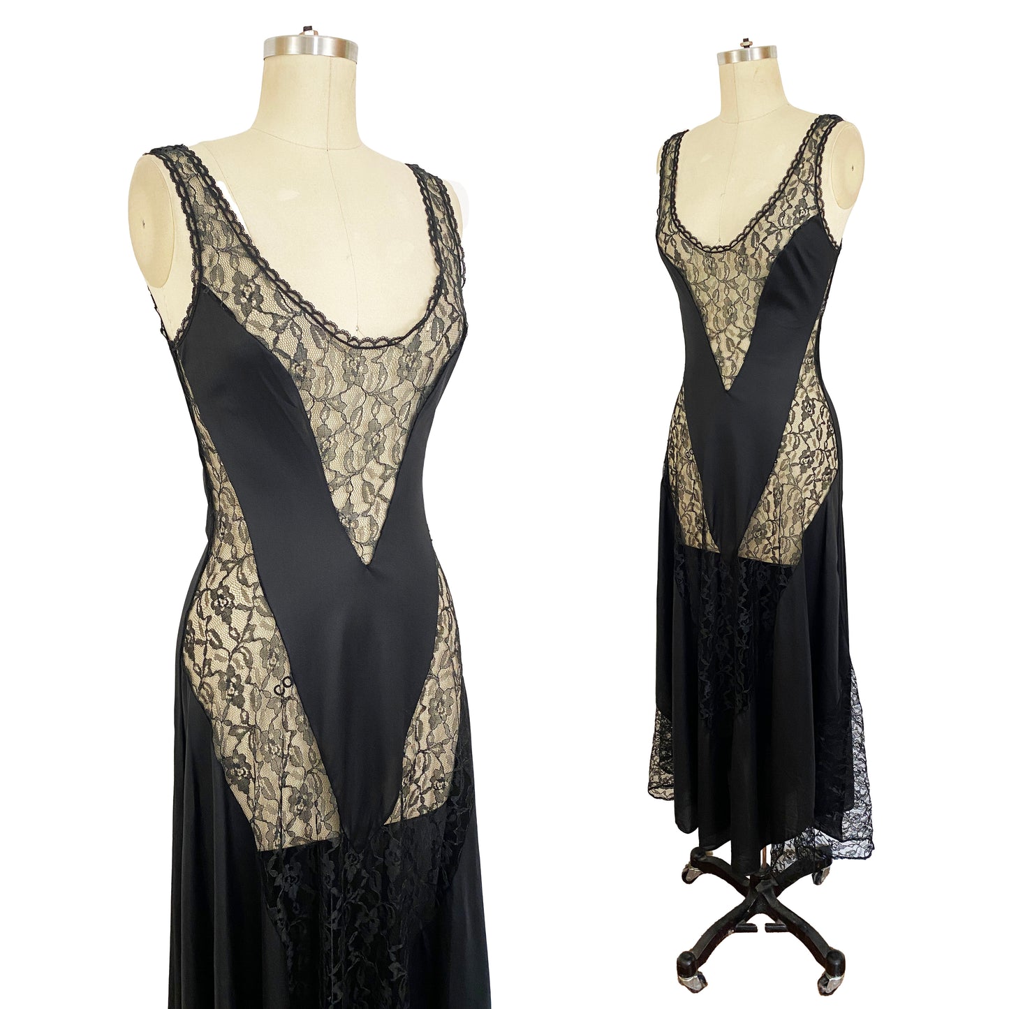 1980s Black Lace and Nylon Maxi Nightgown Slip Sexy Lingerie Romantic Goth Naught Nighty / Pelra Fashions / Small