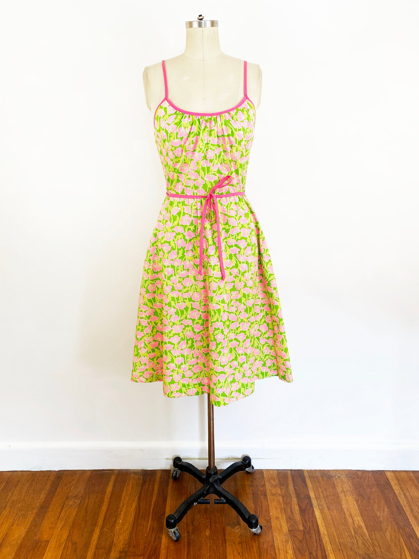 1970s Poppy by Lanz Pink and Green Floral Ivy Print Midi A-line Sundress / Small