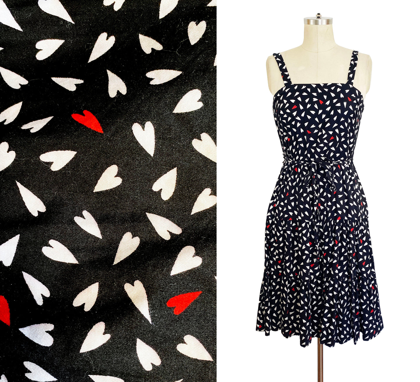 1970s Black and White Red Heart Fit and Flare Cotton Sundress Cute Playful Dress Vintage Love Dress / Murray Meisner / Small