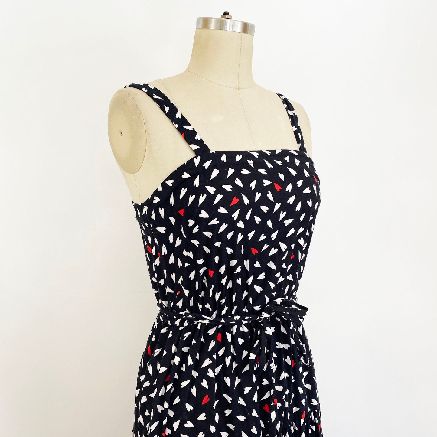 1970s Black and White Red Heart Fit and Flare Cotton Sundress Cute Playful Dress Vintage Love Dress / Murray Meisner / Small